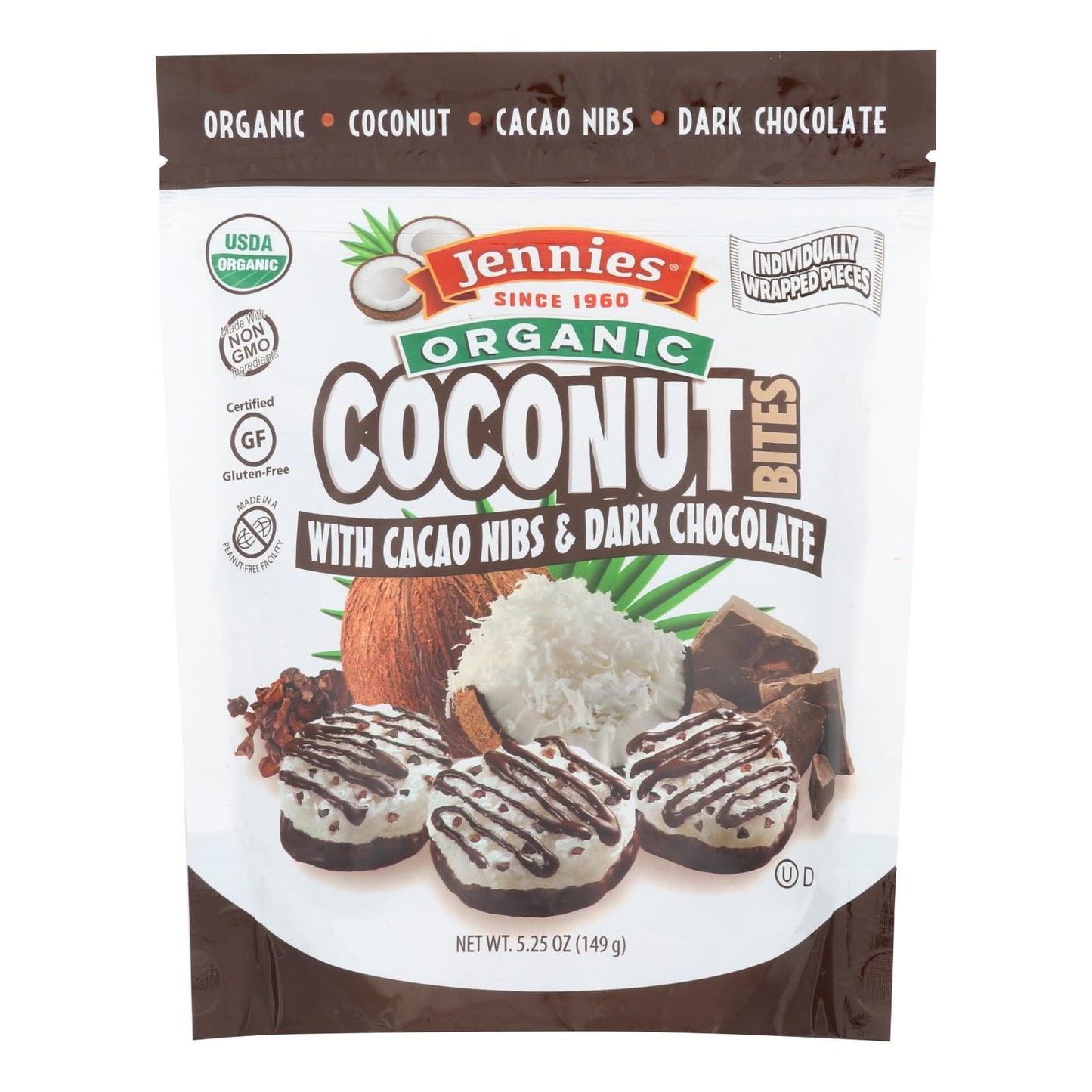 JENNIE'S Organic Cacao Chocolate Coconut Bites (Pack of 6 - 5.25 Oz.)