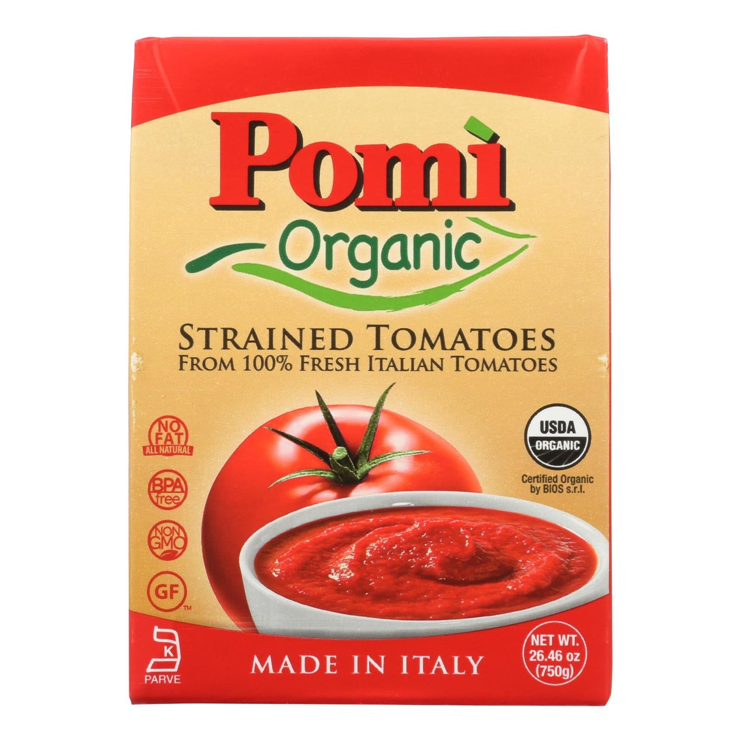 Pomi Organic Strained Tomatoes - Case of 12 - 26.46 oz.