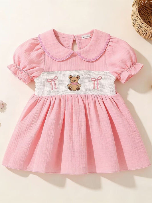 Children's Bear Embroidered Smocked Dress