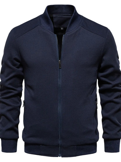 Men's Waffle Knit Baseball Collar Zip Up Jacket