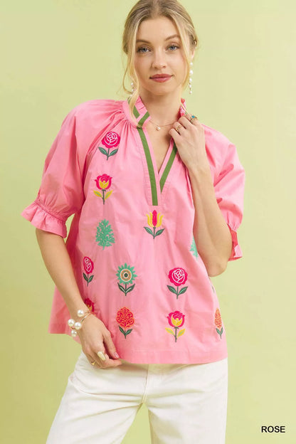 Umgee Embroidered Floral Top with Contrast Trim