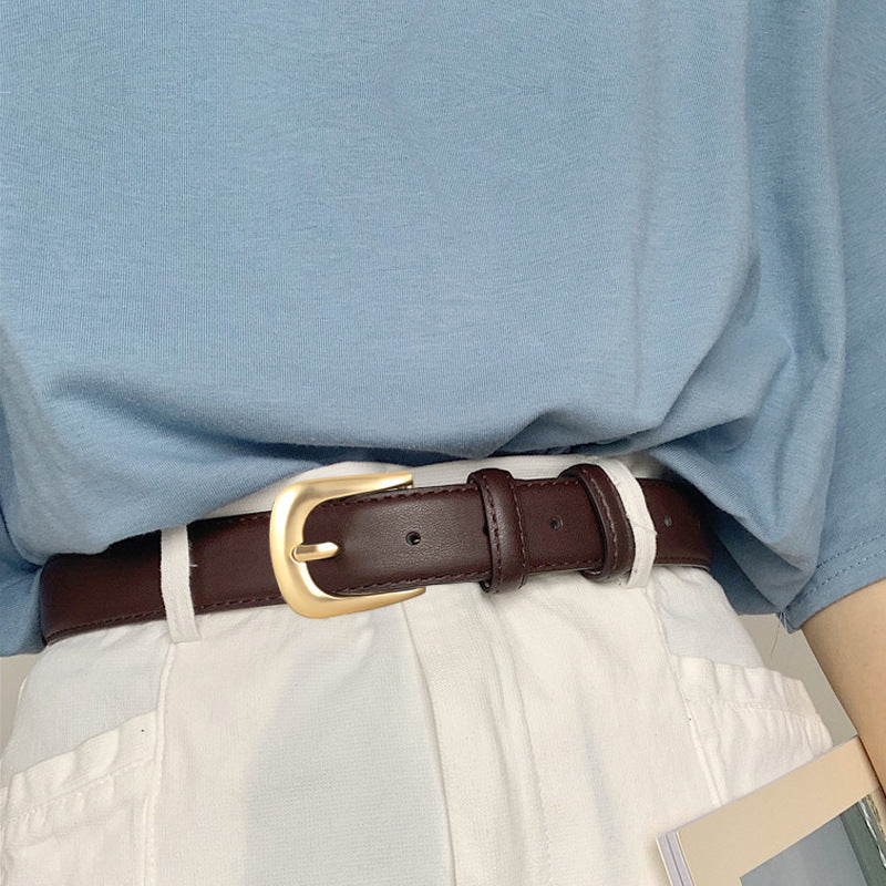 Classic Leather Belt with Golden Buckle