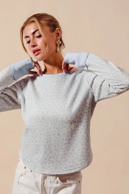 SO ME Textued Floral Knit Top with Contrast Cuffs