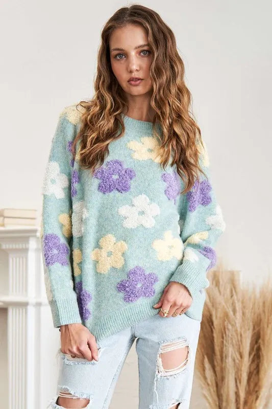 ADORA Full Size Floral Popped 2-Tone Sweater Top Plus Size