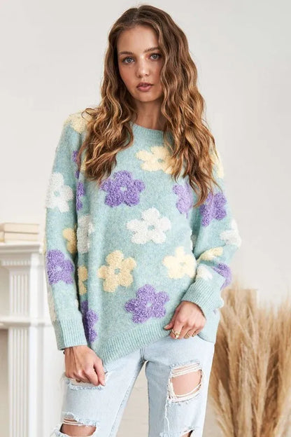 ADORA Full Size Floral Popped 2-Tone Sweater Top Plus Size