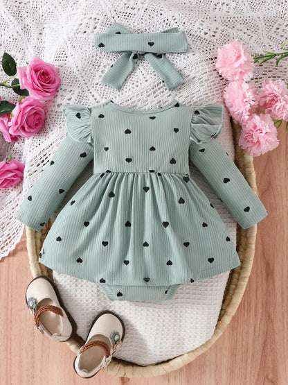 Children's Heart Print Ruffle Trim Bodysuit Dress with Headband