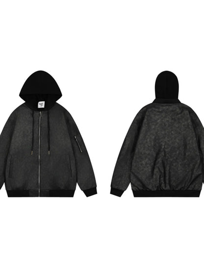 Men's Drawstring Washed Zip Up Hooded Jacket