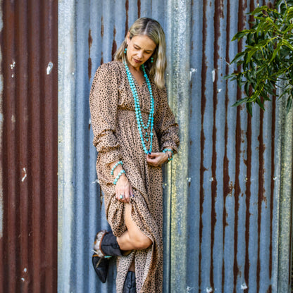 **Blue Turquoise Melon Beaded Necklace w/ Copper Cross 260g