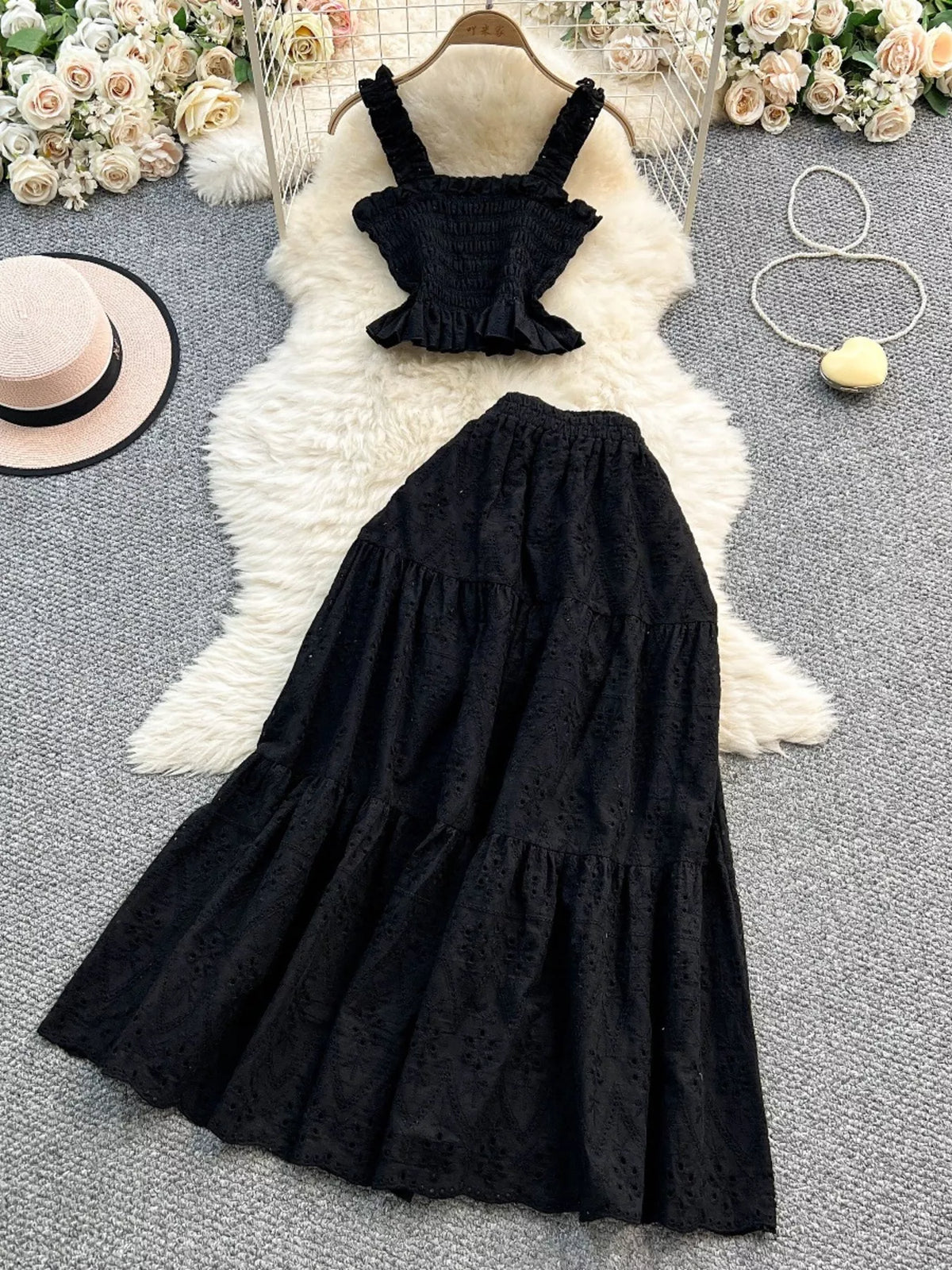 Smocked Crop Top and Hollow-Out Skirt Set