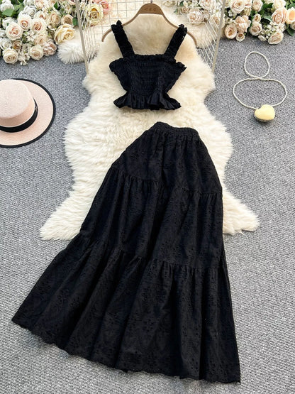 Smocked Crop Top and Hollow-Out Skirt Set