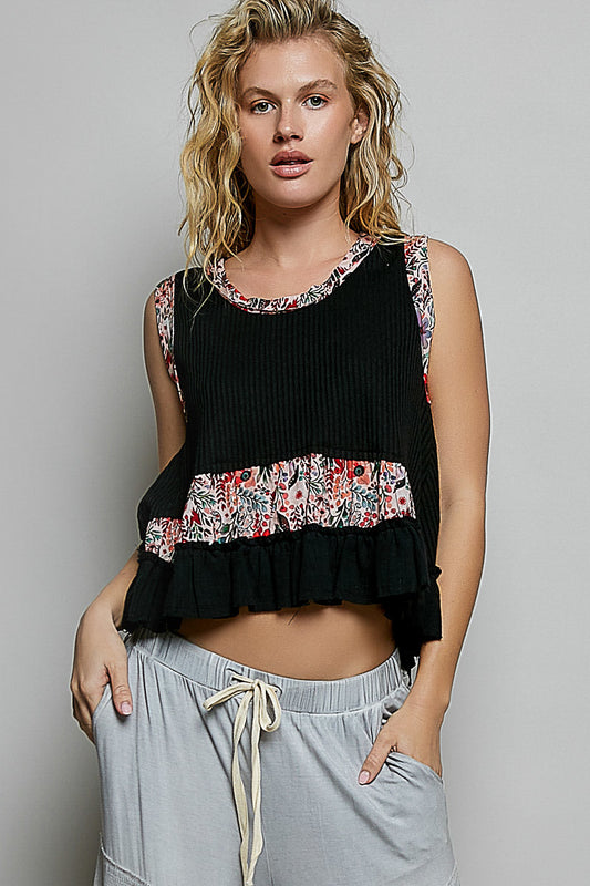 POL Floral Print Patche Round Neck Ribbed Tank with Double Gauze Ruffle Accents