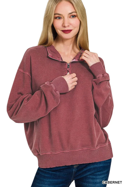 Zenana F/terry Pigment Dye & Enzyme Washing Half Zip Top