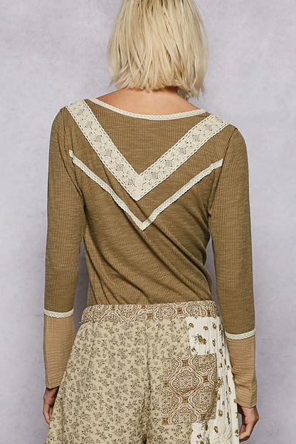 POL Ribbed Half Button Lace Detail Knit Top