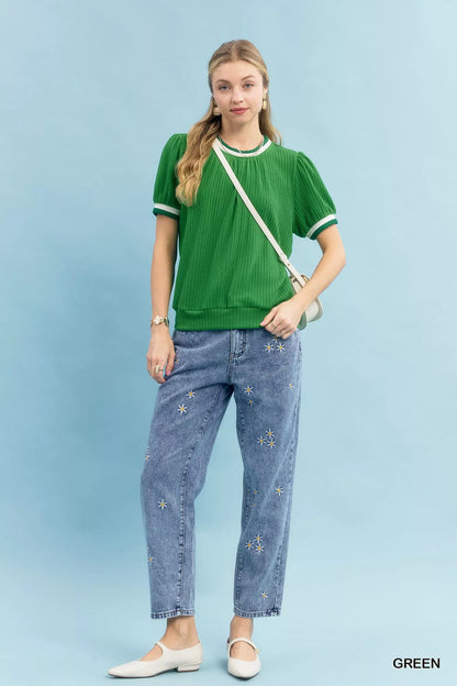 Umgee Puff Sleeve Knit Top with Contrast Rib Trim