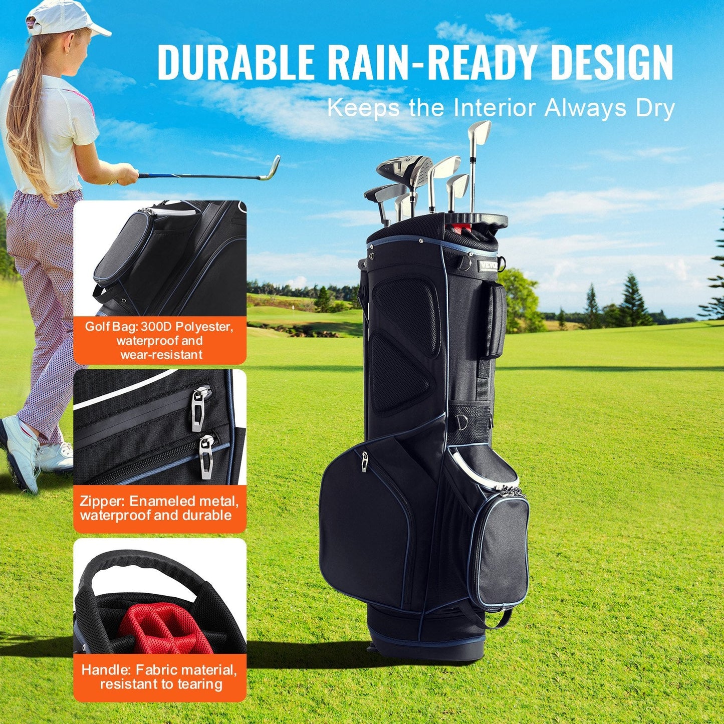 Golf Cart Bag With 14 Way Organizer Divider Top, 35” 11 Pockets Premium Cart Bag With Stand, Durable Golf Bags With Handles & Dust Cover & Detachable Dual Strap For Men & Women, Black White