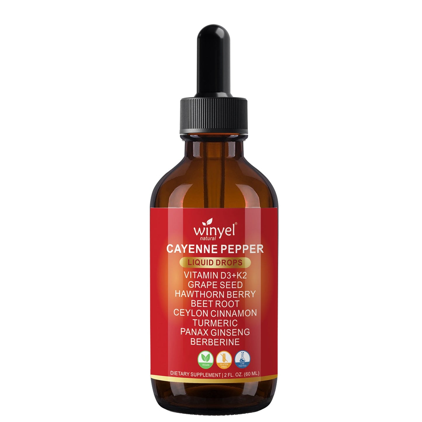 WINYEL Cayenne Pepper Drops Herbal Supplement, Hawthorn Berry, Vitamin D3 K2, Beet Root, Ceylon Cinnamon, Turmeric & Berberine Extract, 60ML