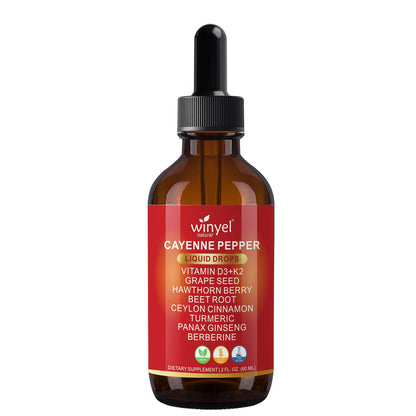 WINYEL Cayenne Pepper Drops Herbal Supplement, Hawthorn Berry, Vitamin D3 K2, Beet Root, Ceylon Cinnamon, Turmeric & Berberine Extract, 60ML