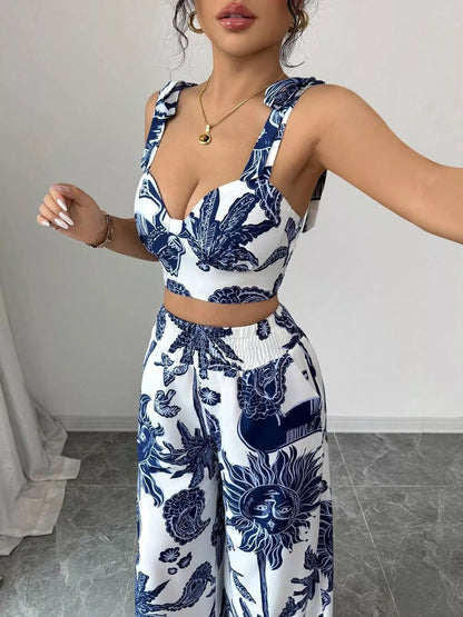 Floral Print Crop Top and Wide Leg Pants Set