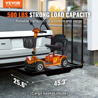 VEVOR Hitch Mount Cargo Carrier, Iron Hitch Cargo Rack With Folding Ramp, Hitch Rack Basket With Stabilizer And Straps, 500LBS Mobility Scooter Carrier Fit Hitch Receiver