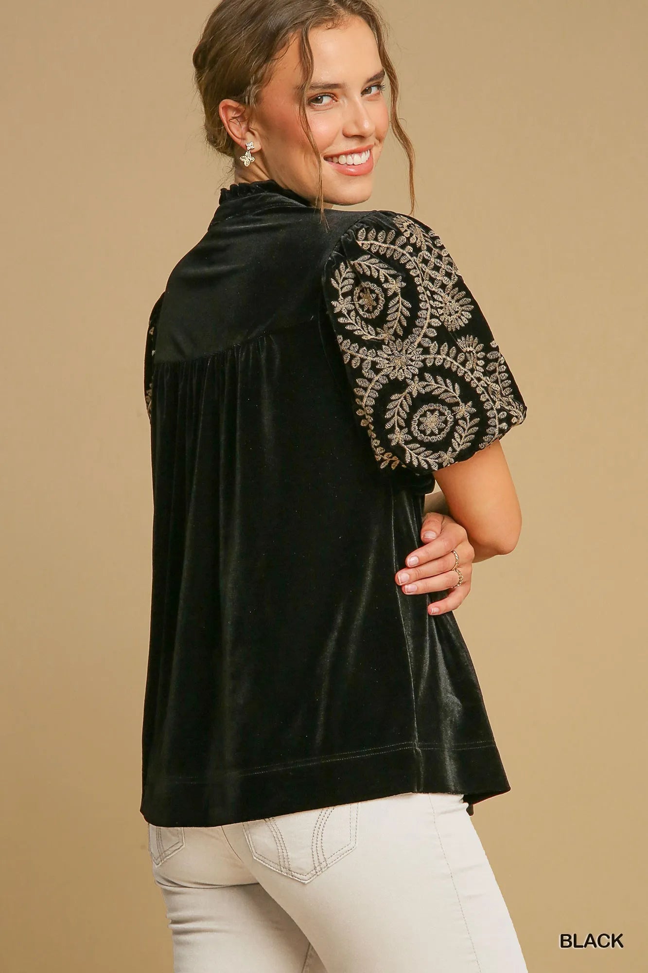 Umgee Full Size Velvet Embroidered Sleeve Blouse Plus Size