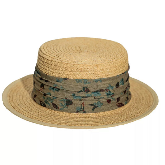 Straw Boater Hat with Printed Band