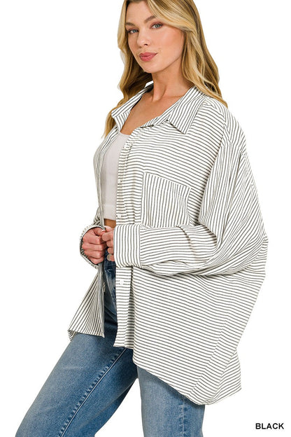 Zenana Woven Stripe Button Down Shirt