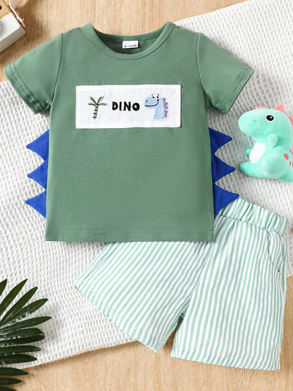 Children's Dino Embroidered Tee & Striped Shorts Set