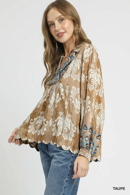 Umgee Floral Boho Blouse with Scalloped Hem