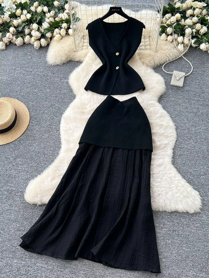 Button Up Sleeveless Top and Skirt Set