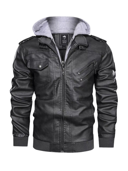 Men's Full Size Hooded Faux Leather Moto Jacket Plus Size
