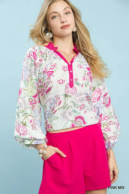 Umgee Paisley Floral Contrast Trim Blouse