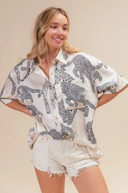 BiBi Leopard Print Short Sleeve Silky Satin Shirt Top