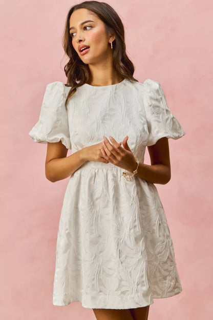 SO ME Floral Jacquard Bubble Shorts Sleeves Mini Dress