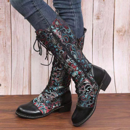Embroidered Lace-Up Block Heel Boots