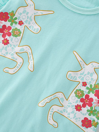 Children's Cute Unicorn Floral Print Ruffle Sleeve T-Shirt