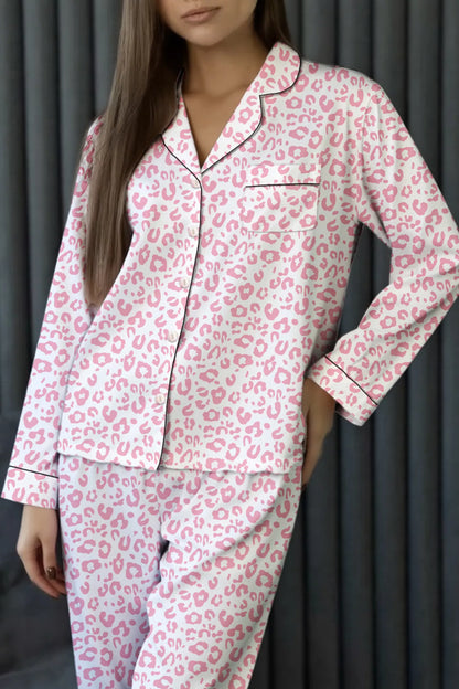 Leopard Print Button Up Top and Pants 2cps Pajama Set