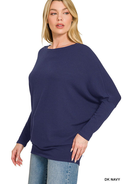 Zenana Hacci Dolman Sleeve Boat Neck Top