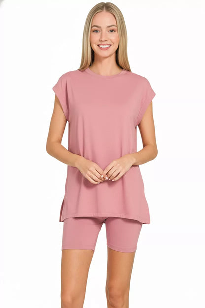 Zenana Brushed Dty Microfiber Top & Biker Shorts