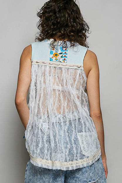 POL Floral V-Neck Sheer Tank with Lace Trim