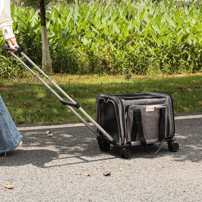 Cat Carrier With Wheels, Airline Approved Rolling Pet Carrier With Telescopic Handle And Shoulder Strap, Dog Carrier With Wheels For Pets Under 25 Lbs, With 1 Folding Bowl, Grey
