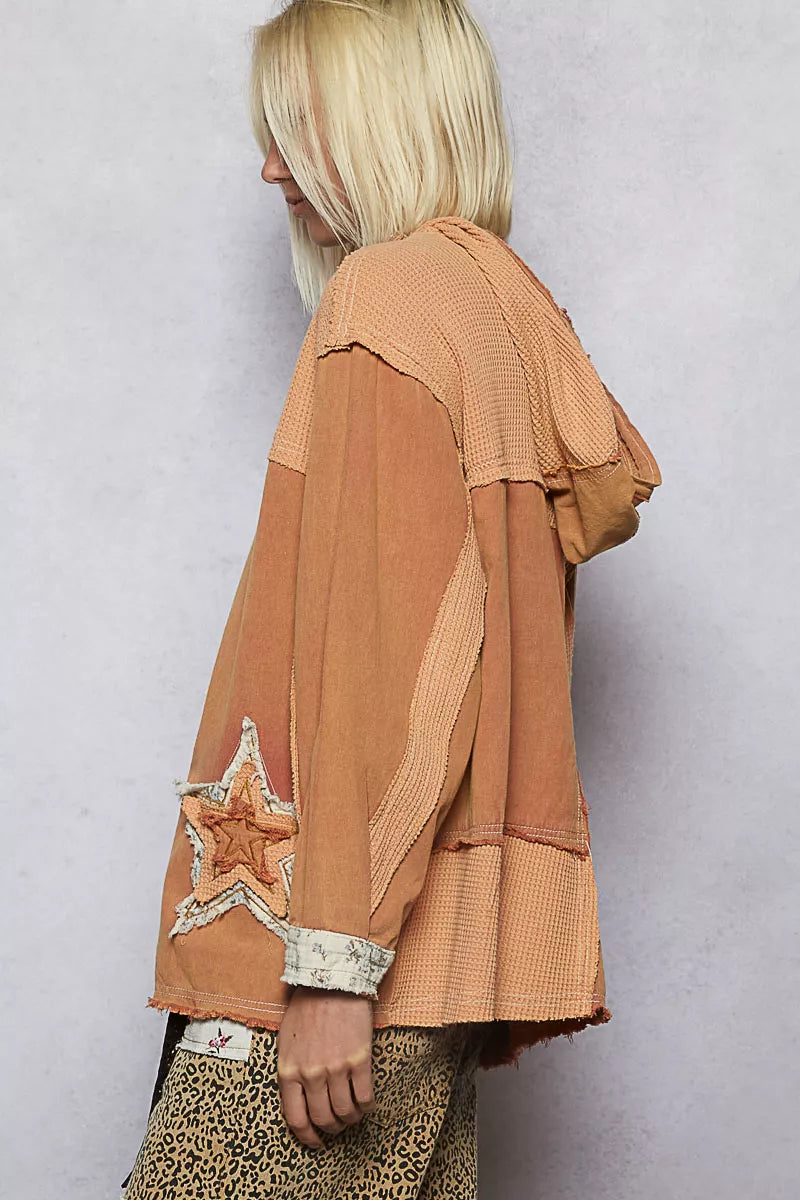POL Button Down Hooded Jacket with with Star Patch Pattern