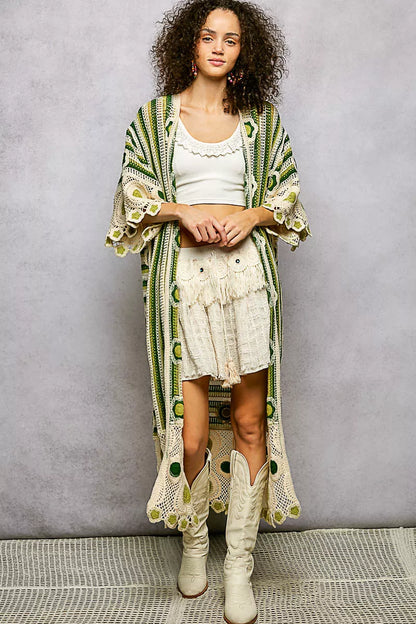 POL Striped and Floral Pattern Crochet Longline Cardigan
