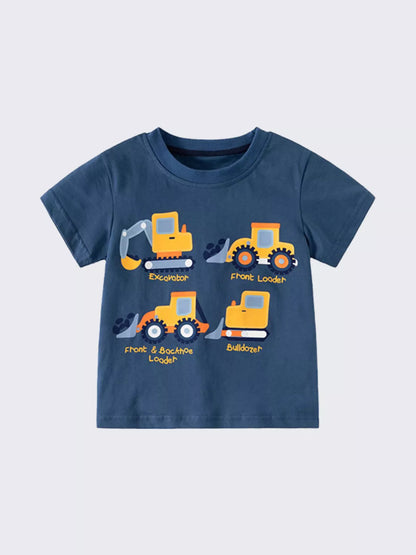 Children's Construction Vehicle Graphic Short Sleeve T-Shirt