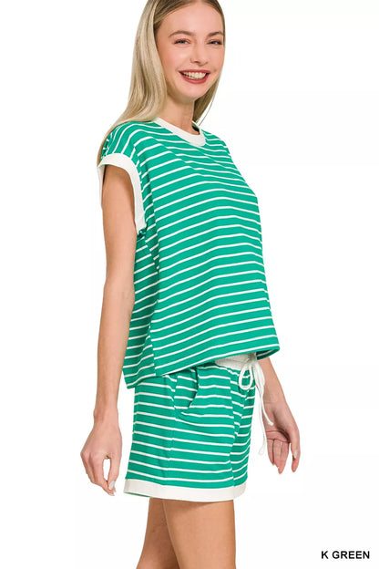 Zenana Stripe Contrast Trim Top & Shorts Set