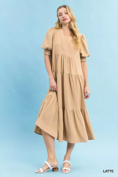 Umgee V-Neck Puff Sleeve Tiered Midi Dress