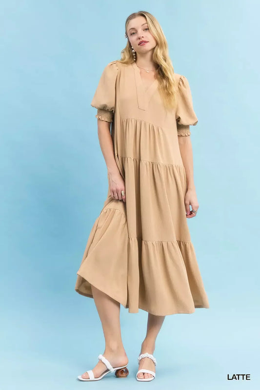 Umgee V-Neck Puff Sleeve Tiered Midi Dress