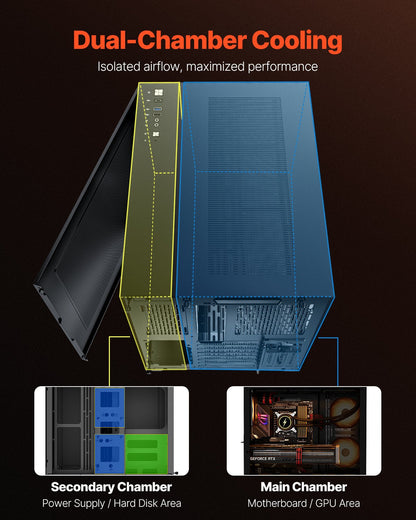 Mid-Tower PC Case Dual Chamber Gaming Computer Case For ATX Motherboard No Fan