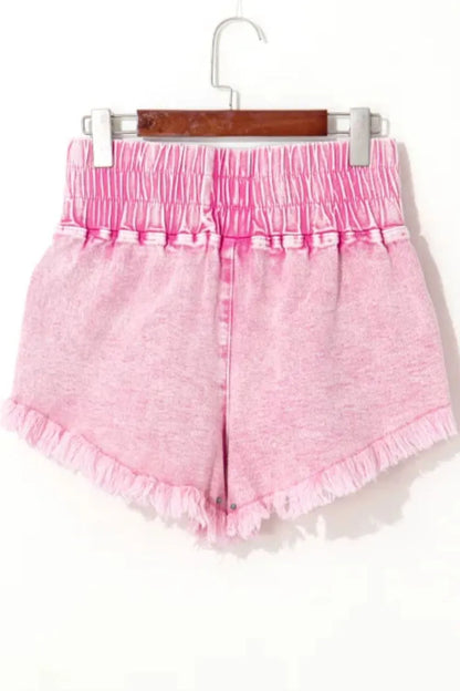 Washed Wide Smocked Waistband Frayed Denim Shorts