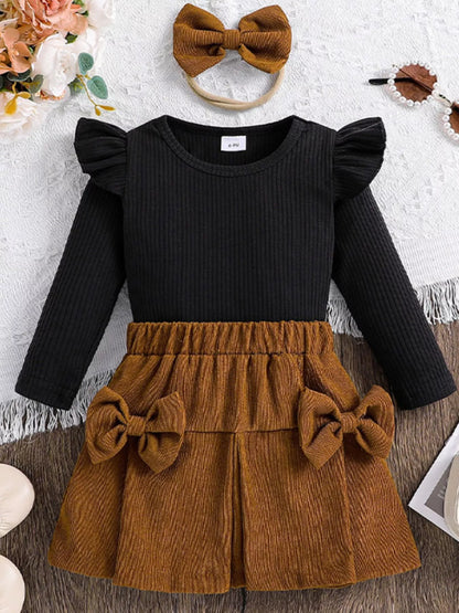 Children's Ribbed Top and Bow Skirt Set with Headband