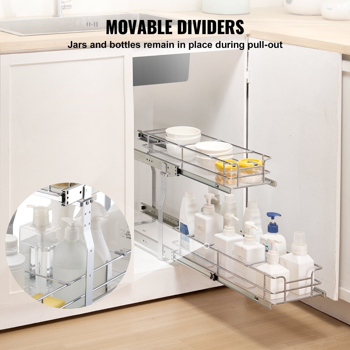 2-Tier 8.5"Wx21"Dx15"H Wire Pull Out Cabinet Under Sink Organizer Drawer Basket, 10"Wx22"Dx18"H  Install Size For Cabinet